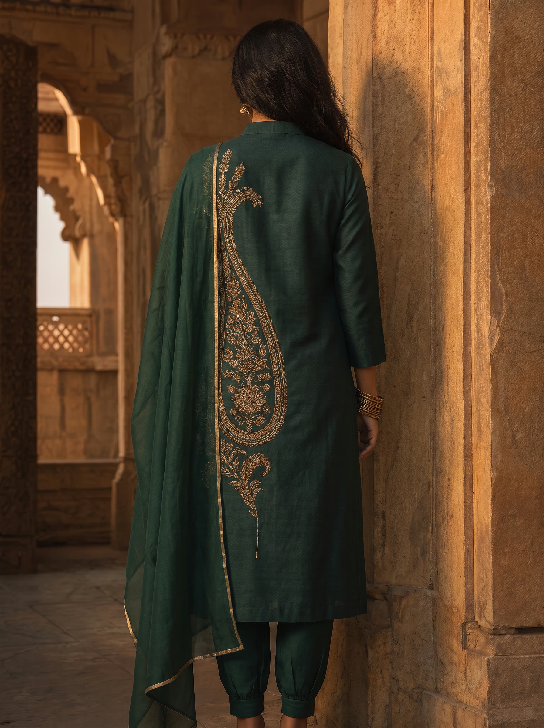 Ambi back view — A pine-green silk kurta with a single, large hand-worked ambi (paisley) running across the front.
