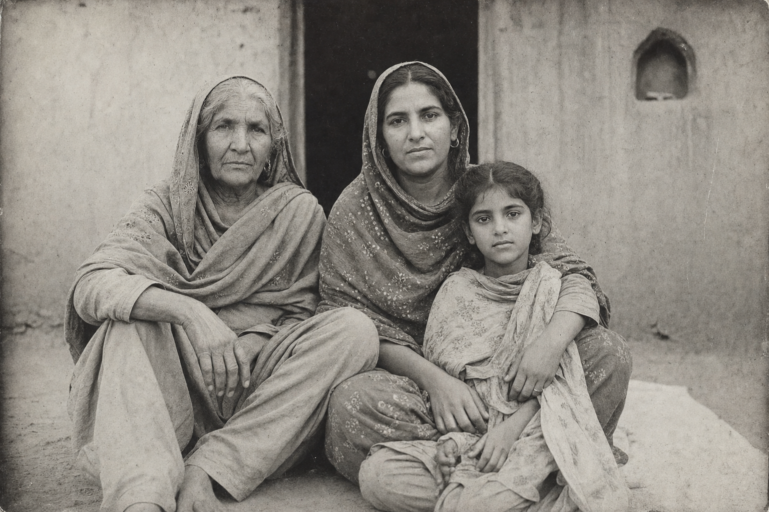 Vintage portrait of three generations of Punjabi women
