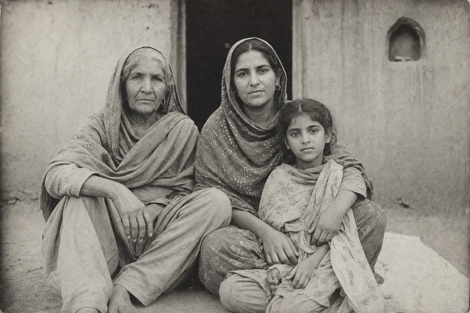 Three generations of Punjabi women — daughter, mother, grandmother — seated together