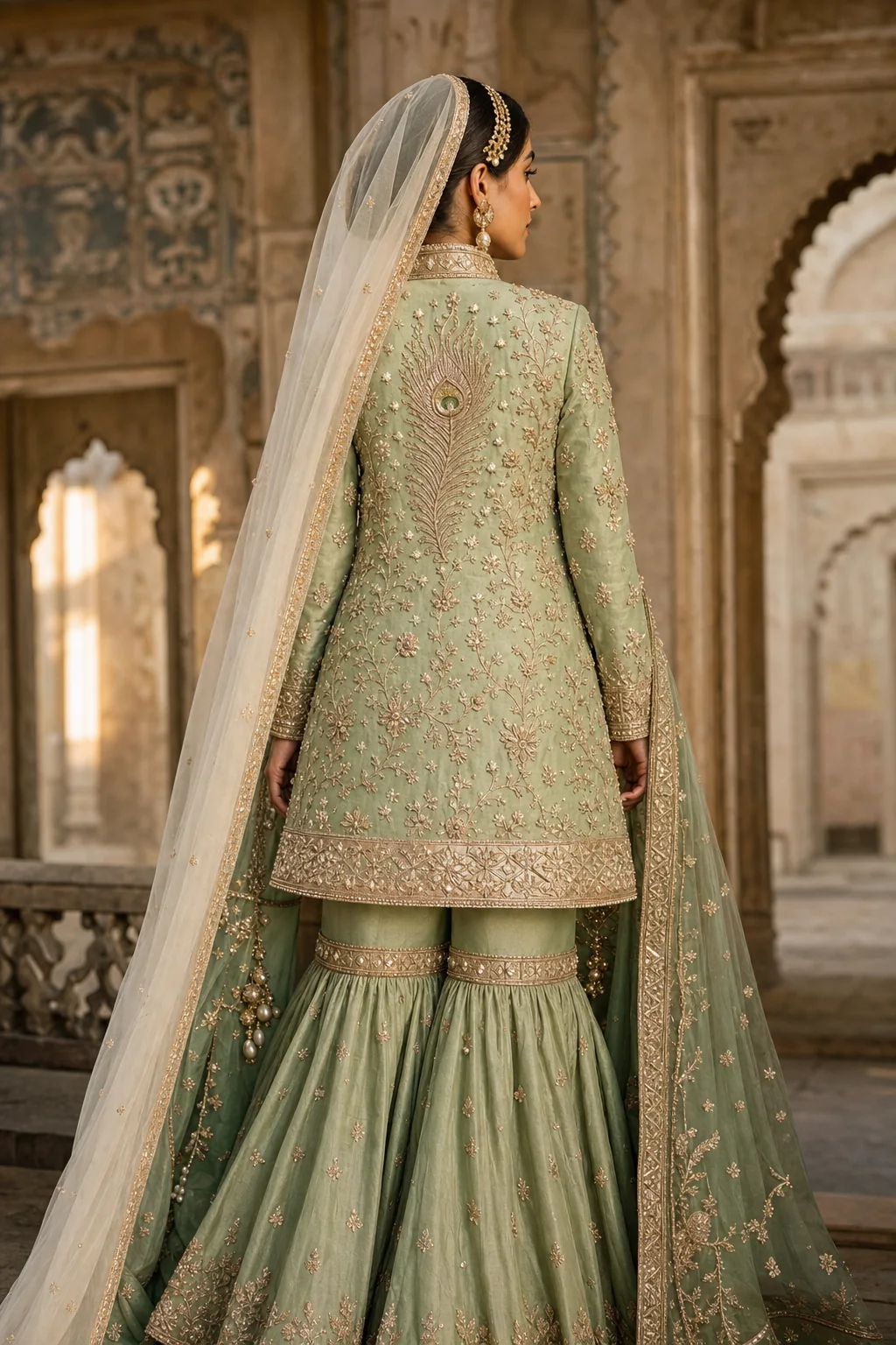 Nooran Baagh achkan grara back with a single embroidered peacock feather