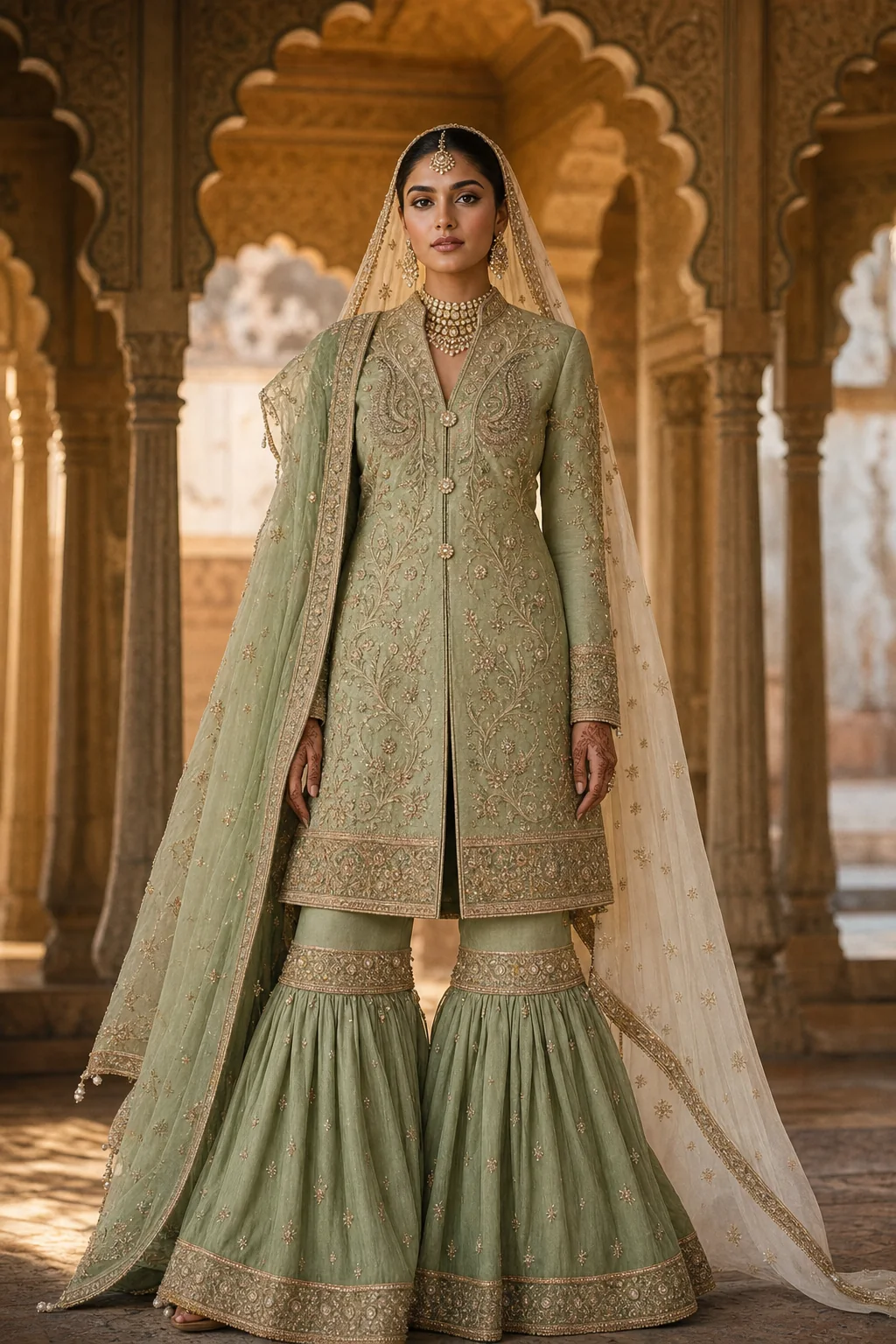 Nooran Baagh achkan grara front in chandni pista with antique gold zardozi