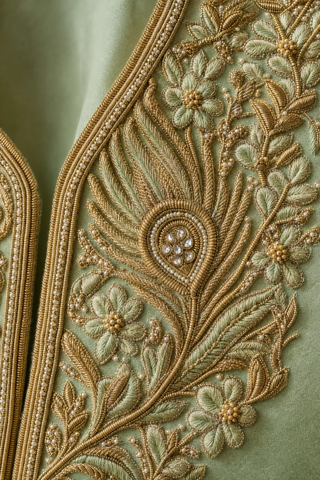 Close macro of zardozi, dabka, moti and kundan handwork in antique gold