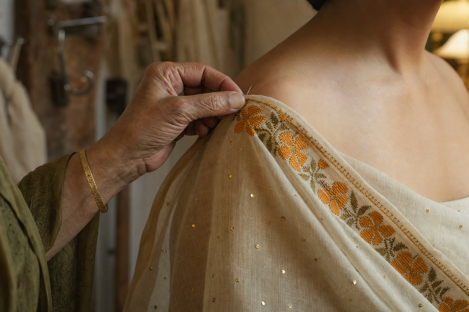 Concept image — dupatta pinning detail, chope phulkari edge in marigold silk floss