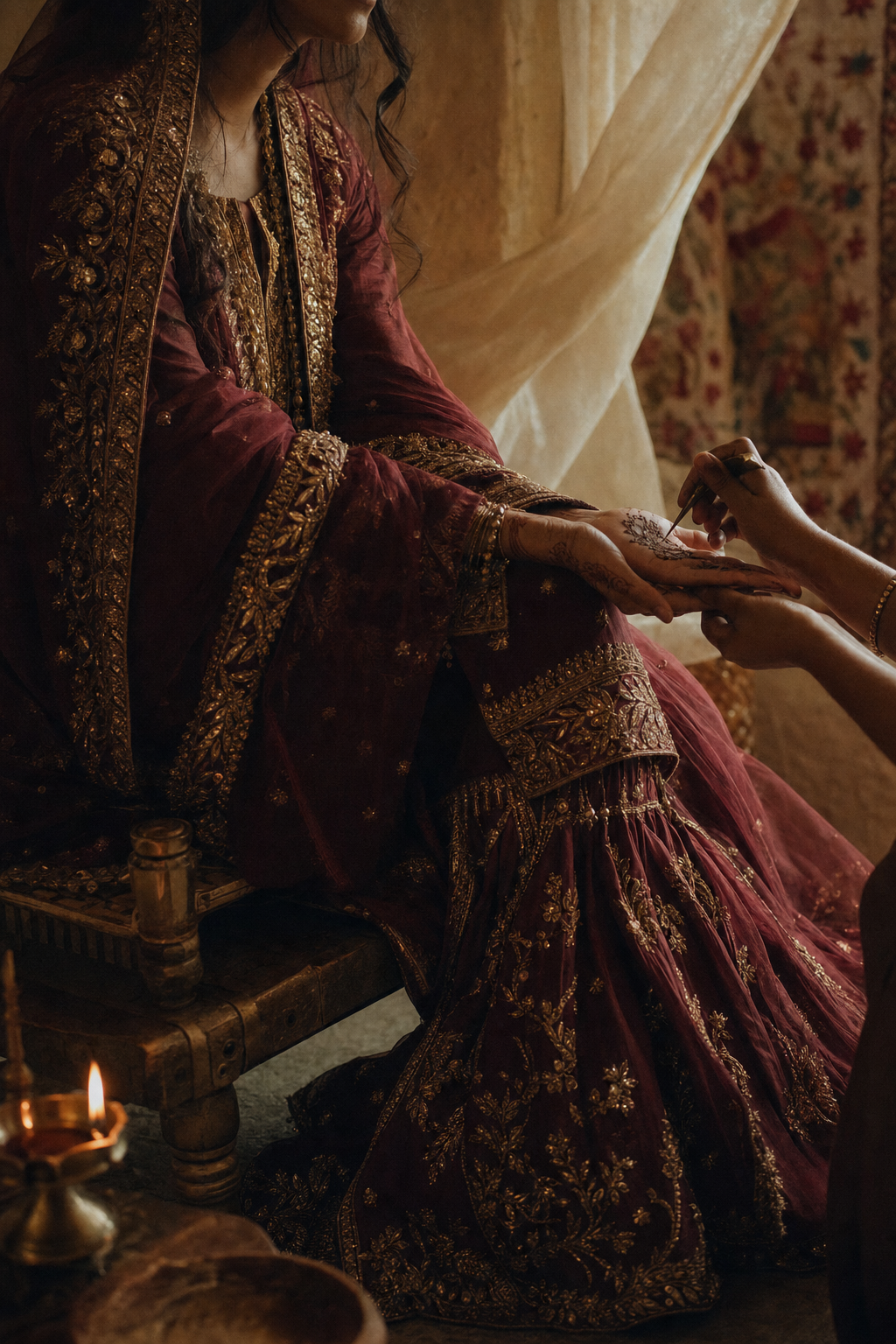 Bridal atelier moment — a bride in oxblood silk gharara at her mehndi hour