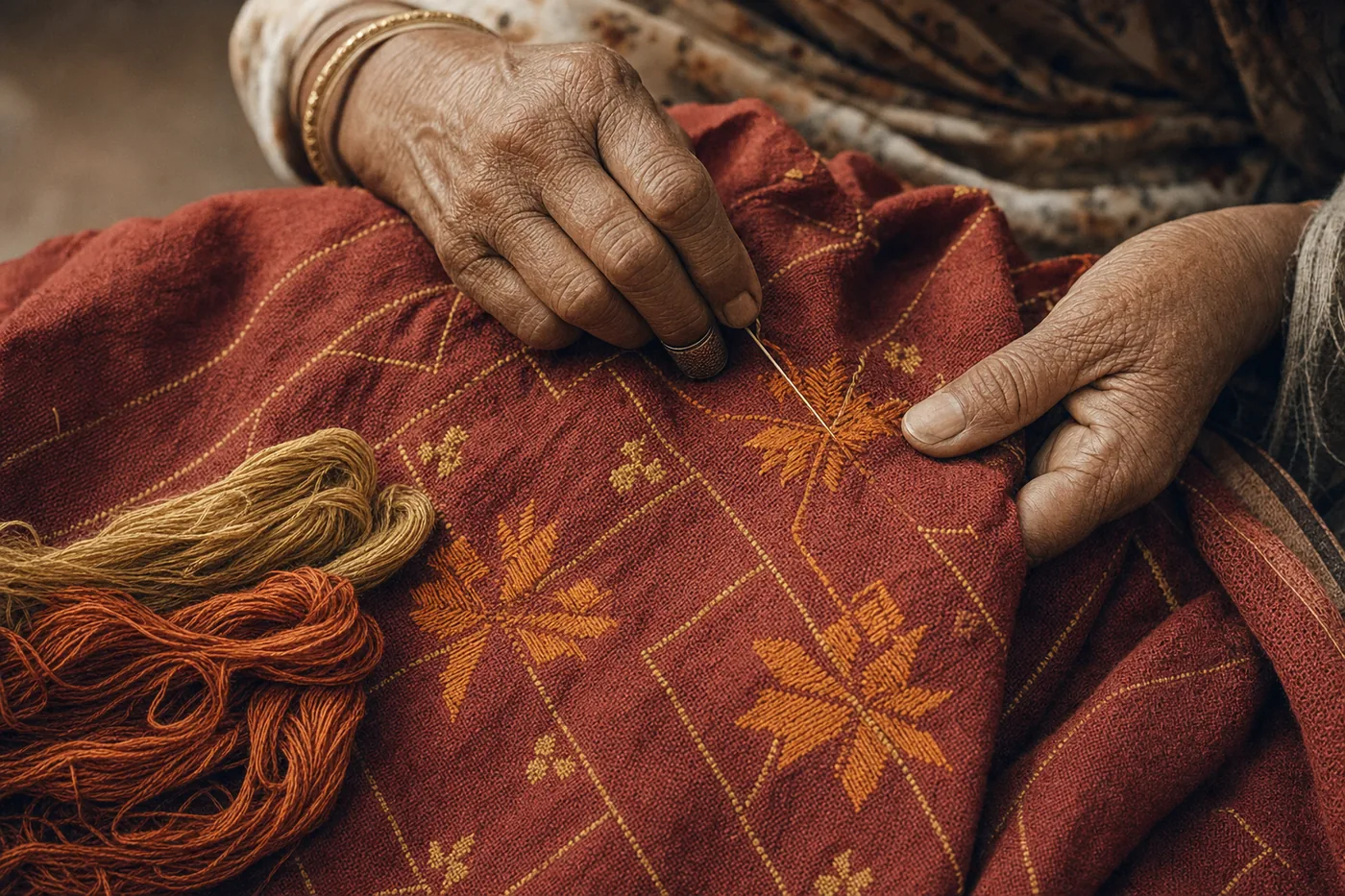 Weathered hands working counted phulkari stitches in marigold silk floss on rust khaddar