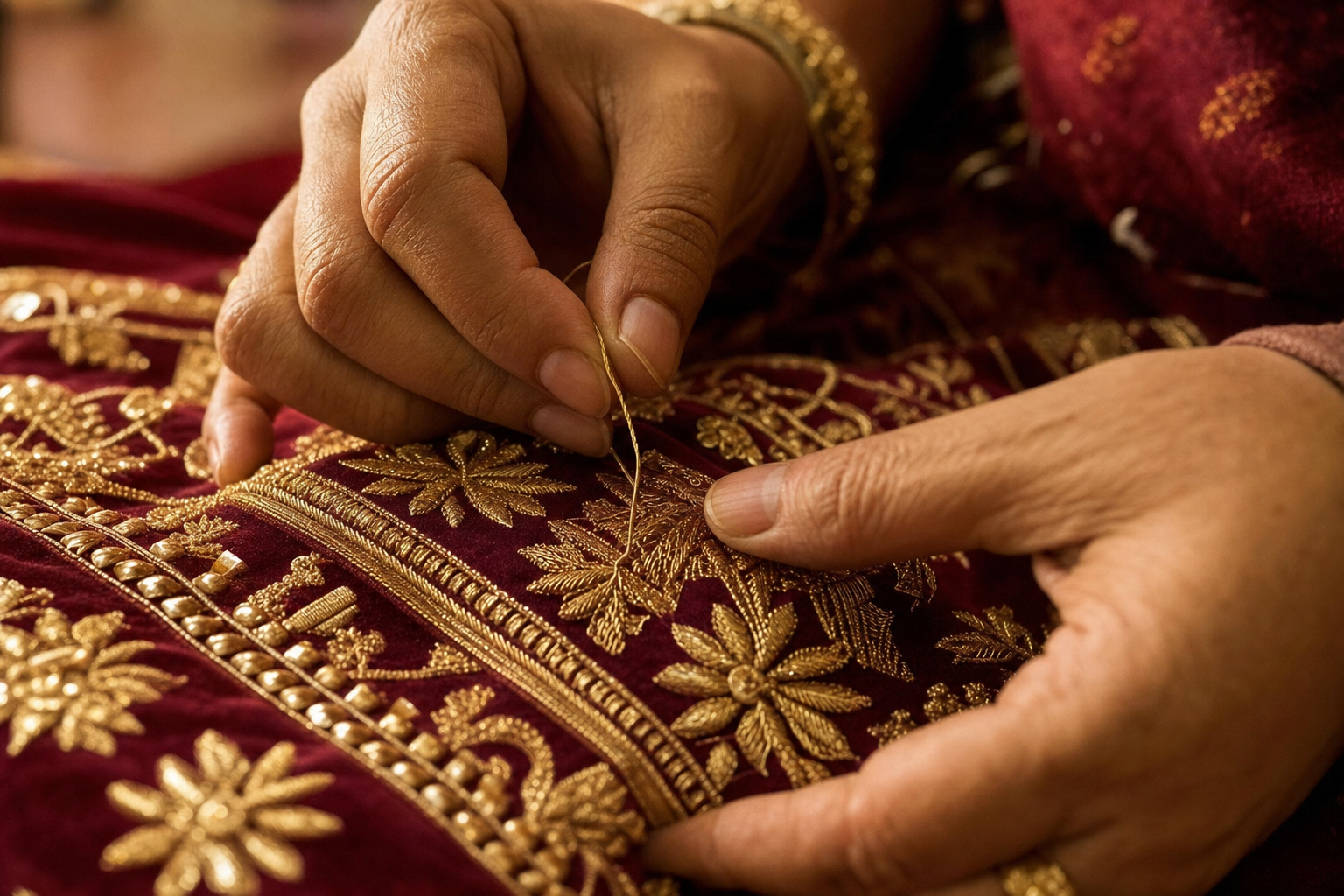 Hands doing phulkari gold embroidery