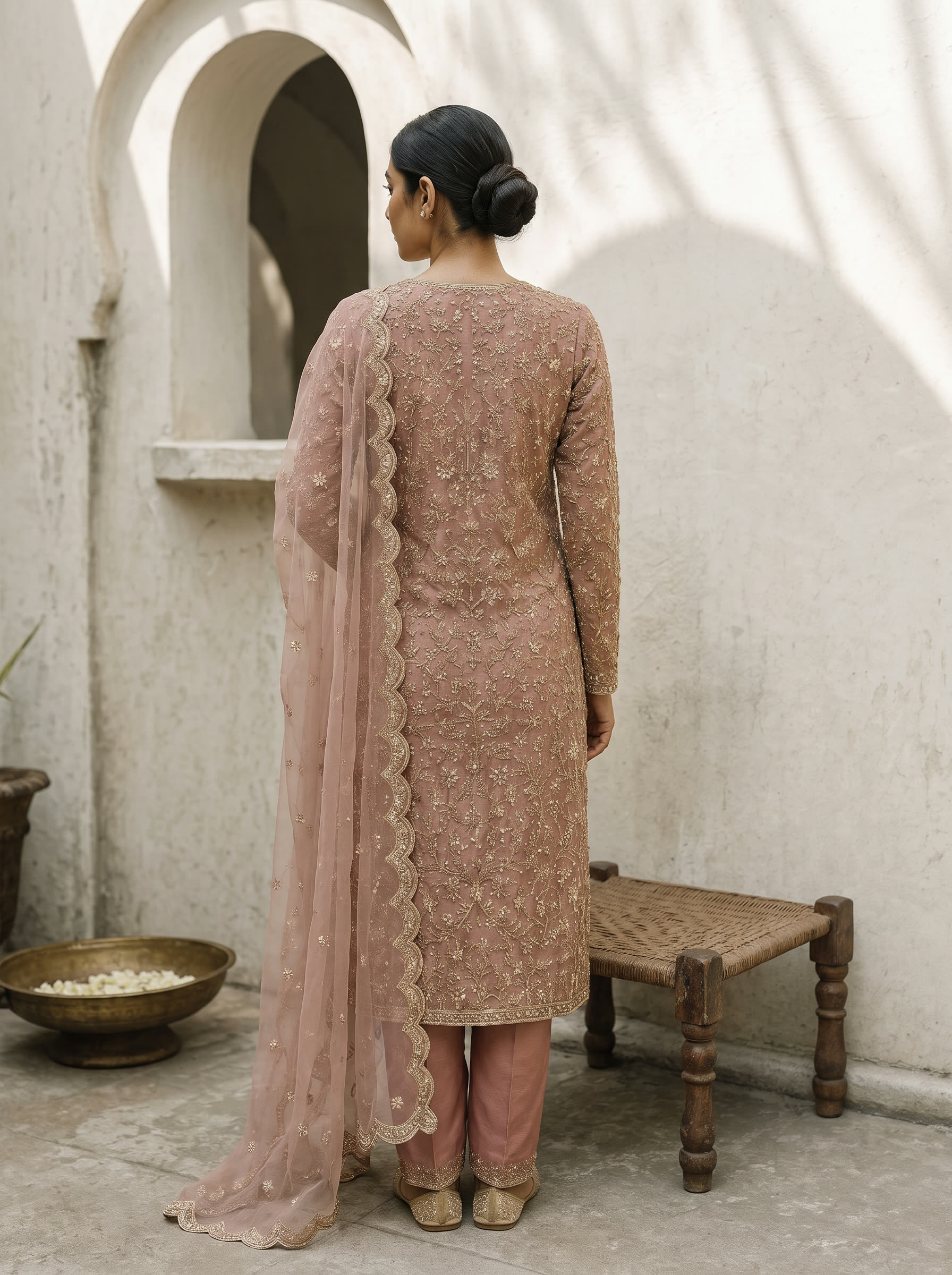 Gulabi Dhup back view — A dusty-rose straight suit worked in dabka and moti — quiet from a distance, alive up close.