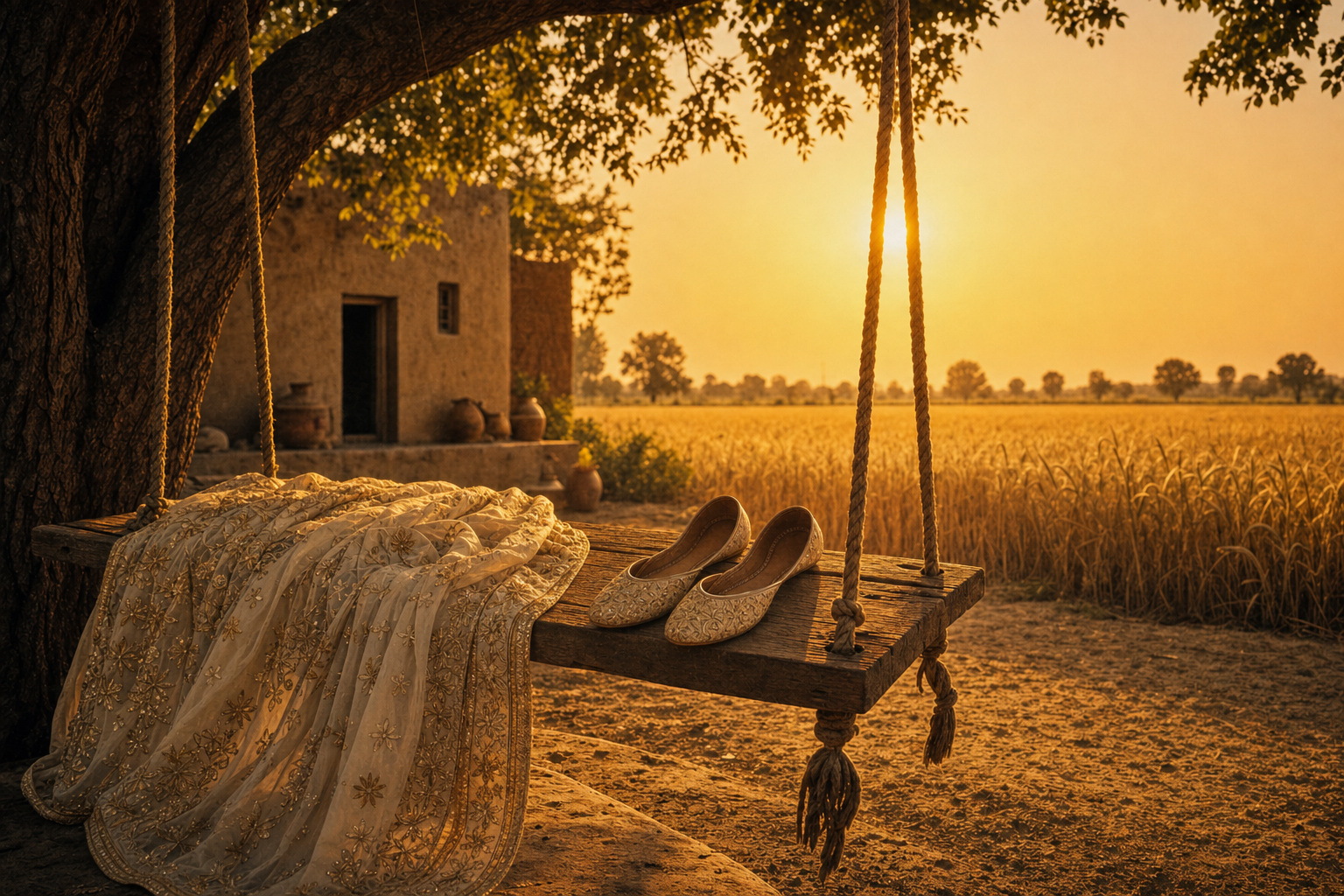 A warm golden-hour photograph of a Punjabi peengh swing with an embroidered phulkari dupatta and juttis resting on it, in a Punjab village