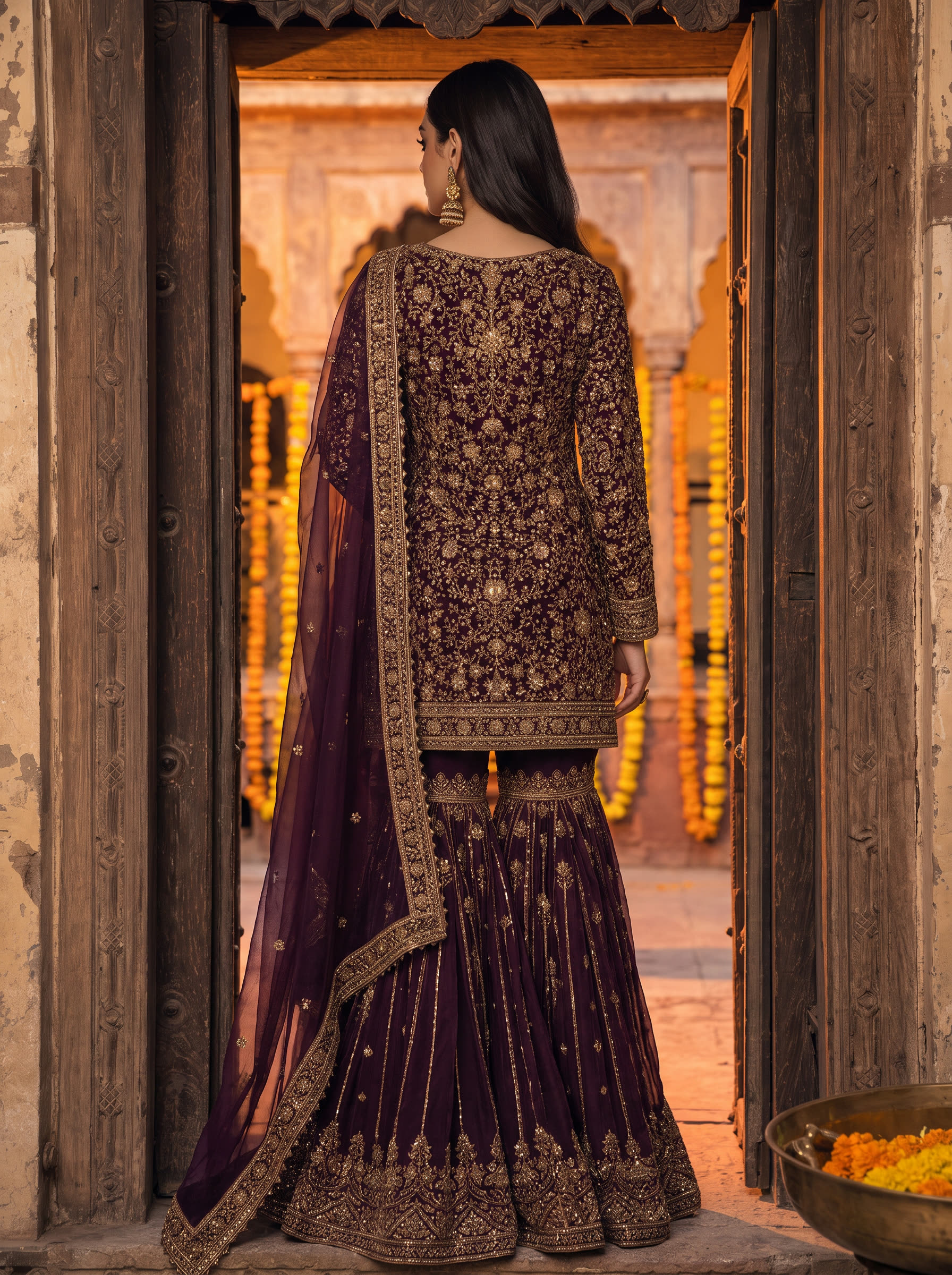 Jamun back view — A deep plum gharara worked in zardozi and gota patti — the karigari runs the length of the tiered leg, banded at the knee.