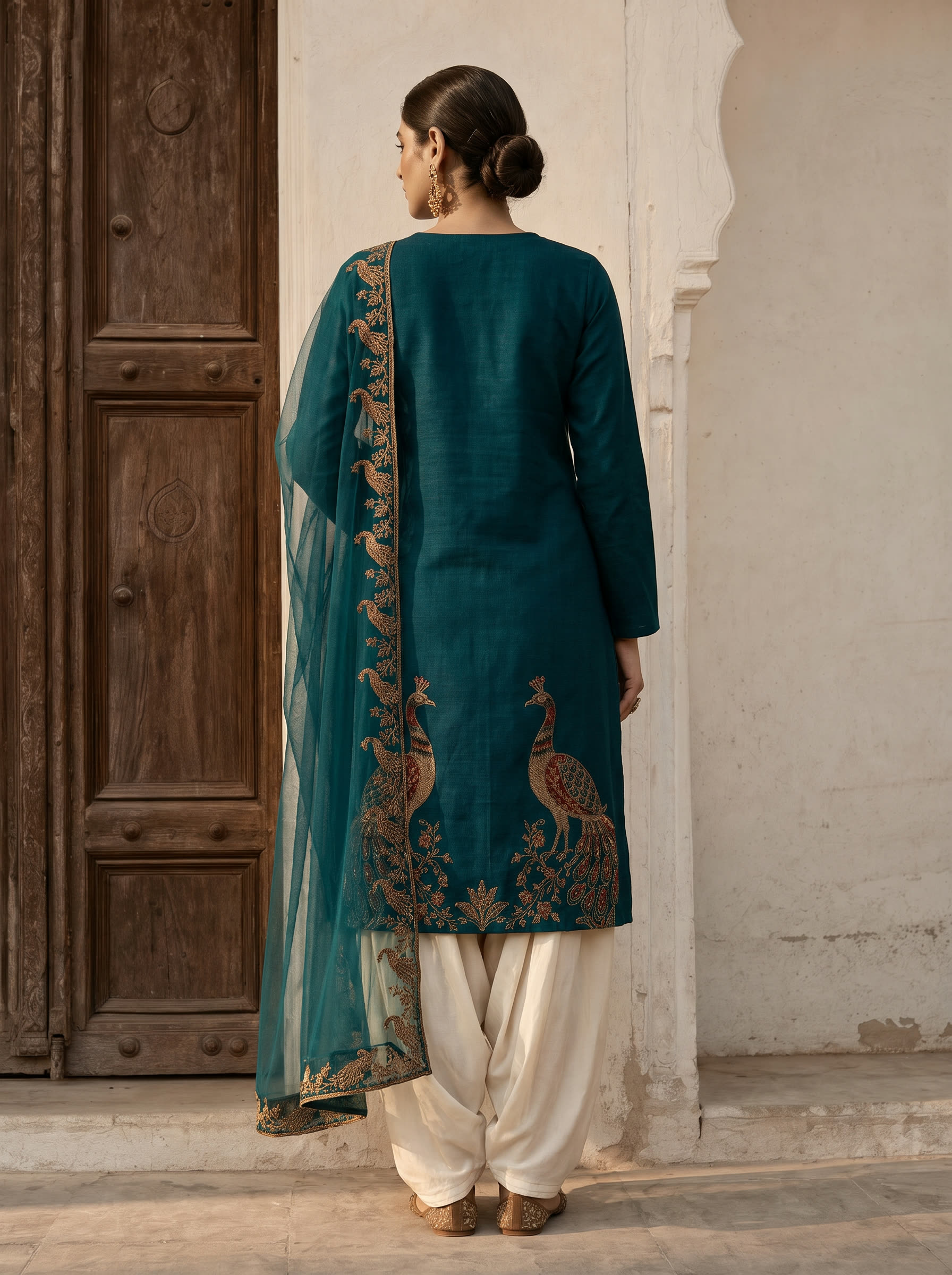 Morni back view — Deep teal silk with two morni (peahens) worked at the hem — the Punjabi guardian of grace.