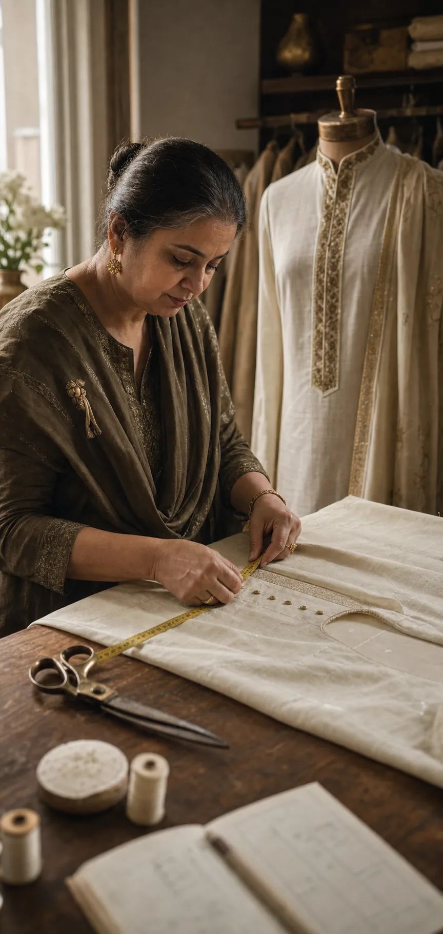 A master tailor measuring an ivory Punjabi suit on a wooden work table in the TEEYAN atelier