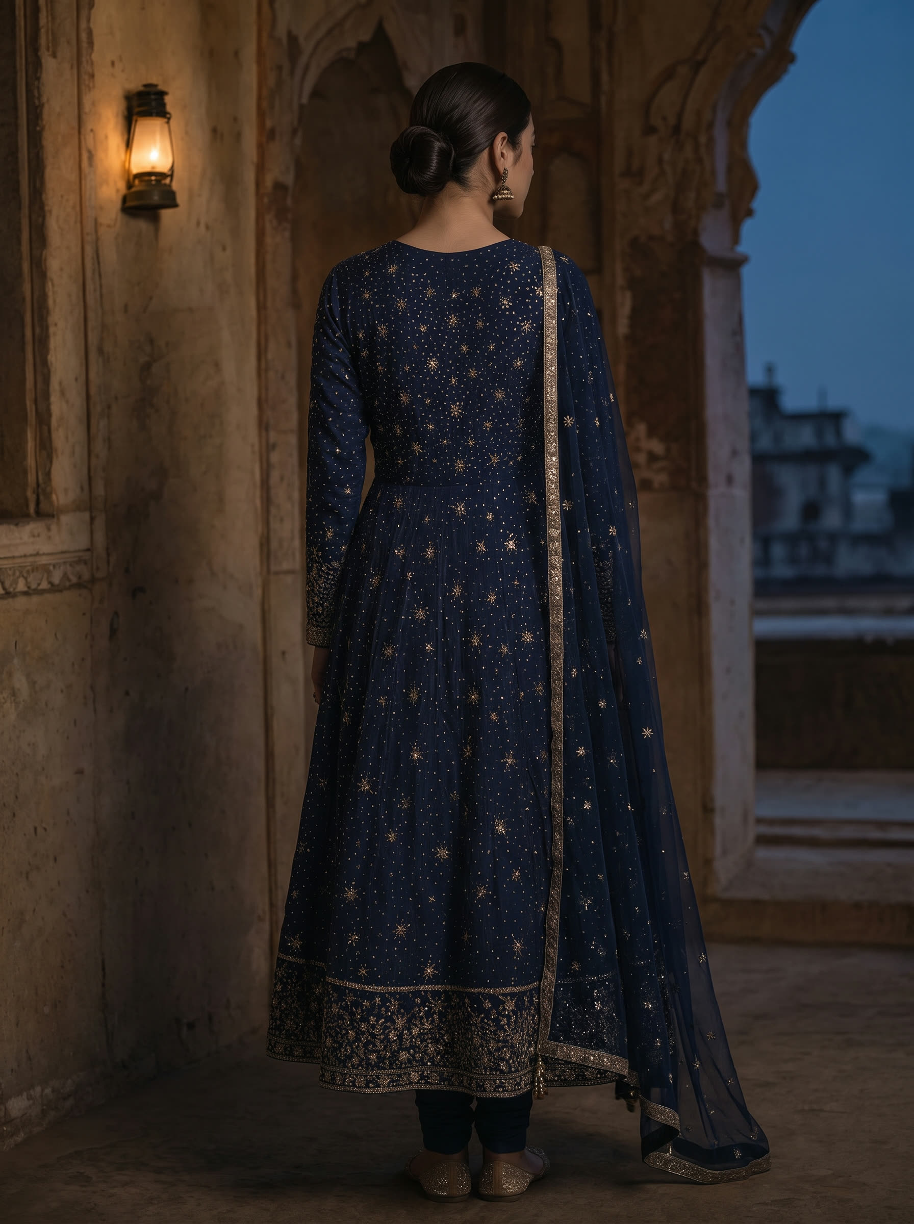 Nili Raat back view — An ink silk anarkali carrying a whole night sky of hand mukaish.
