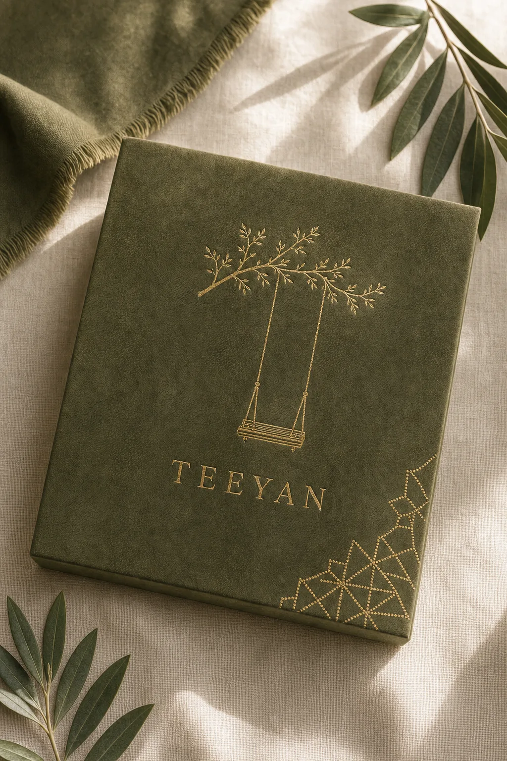 Olive keepsake box with gold peengh, sealed by hand
