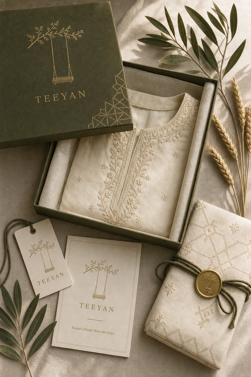 The full Teeyan olive packaging suite — keepsake box, muslin-wrapped suit, hangtag and story card