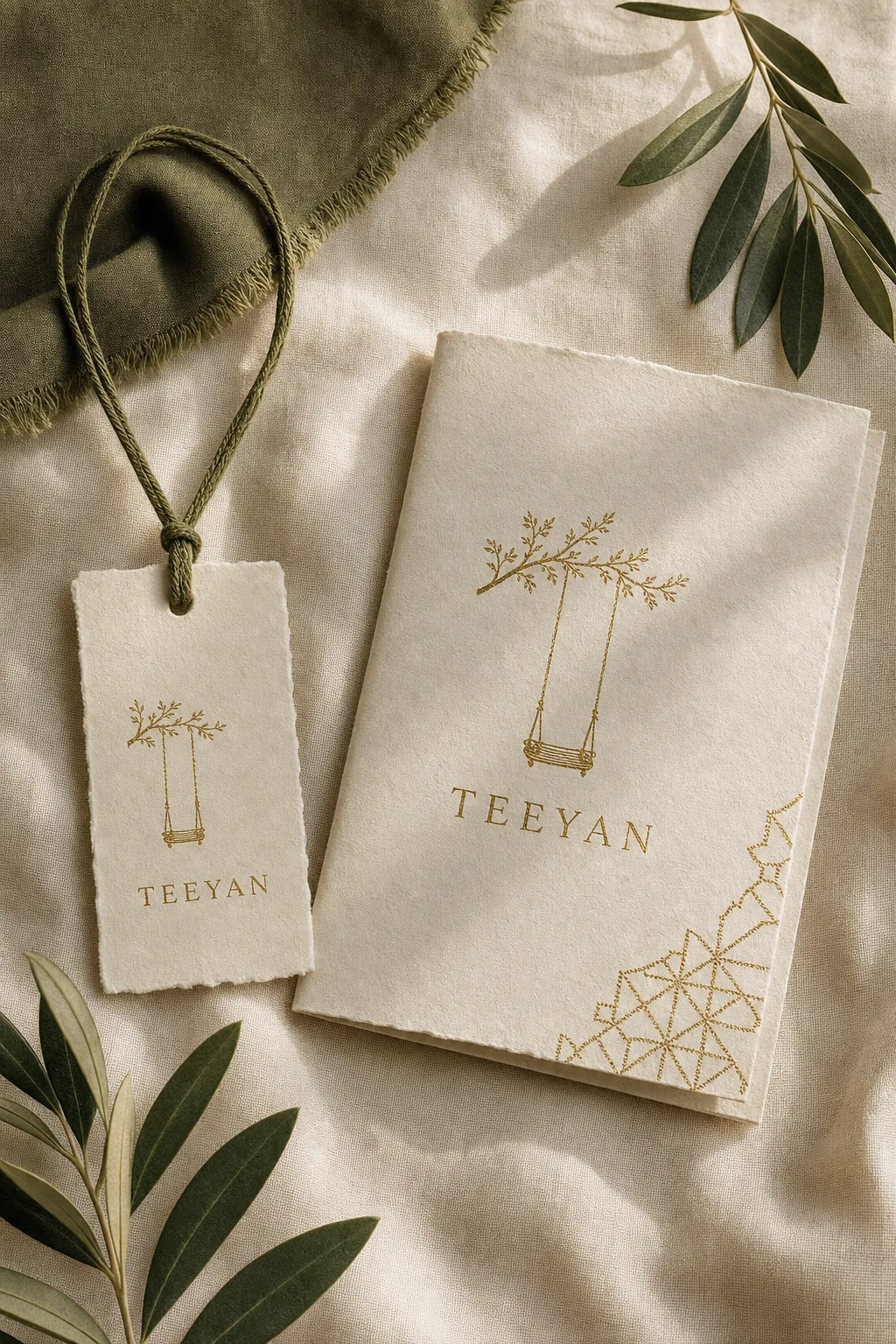 Deckle-edge hangtag and story card in bone paper with gold peengh