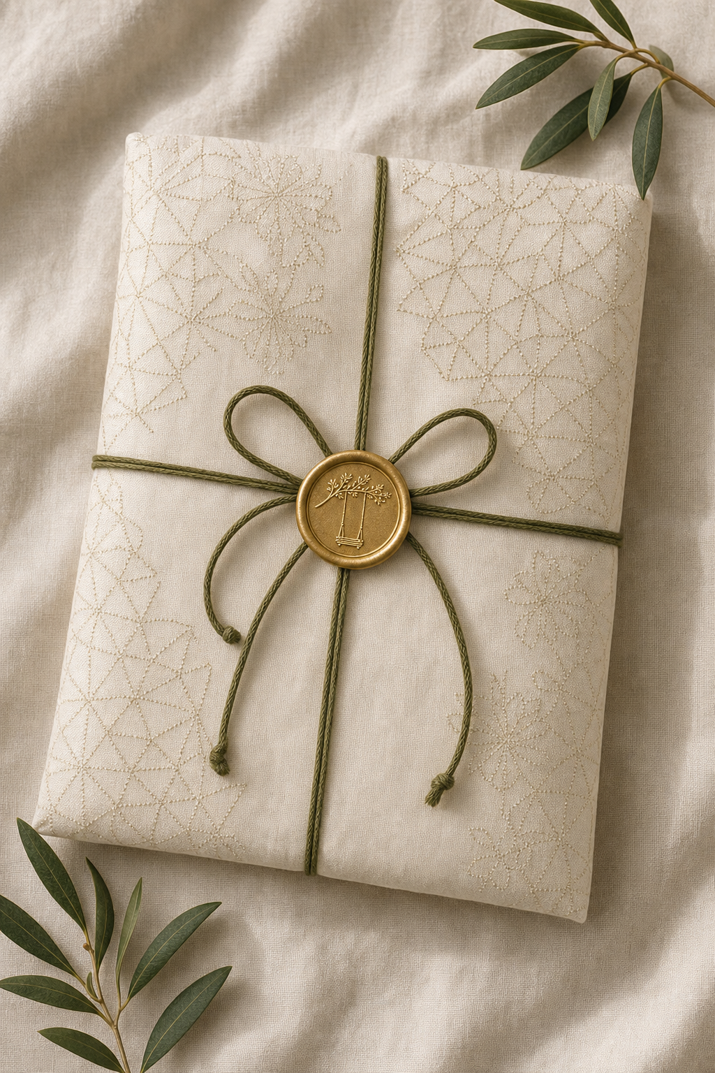Muslin-wrapped suit tied with an olive dori and gold wax seal