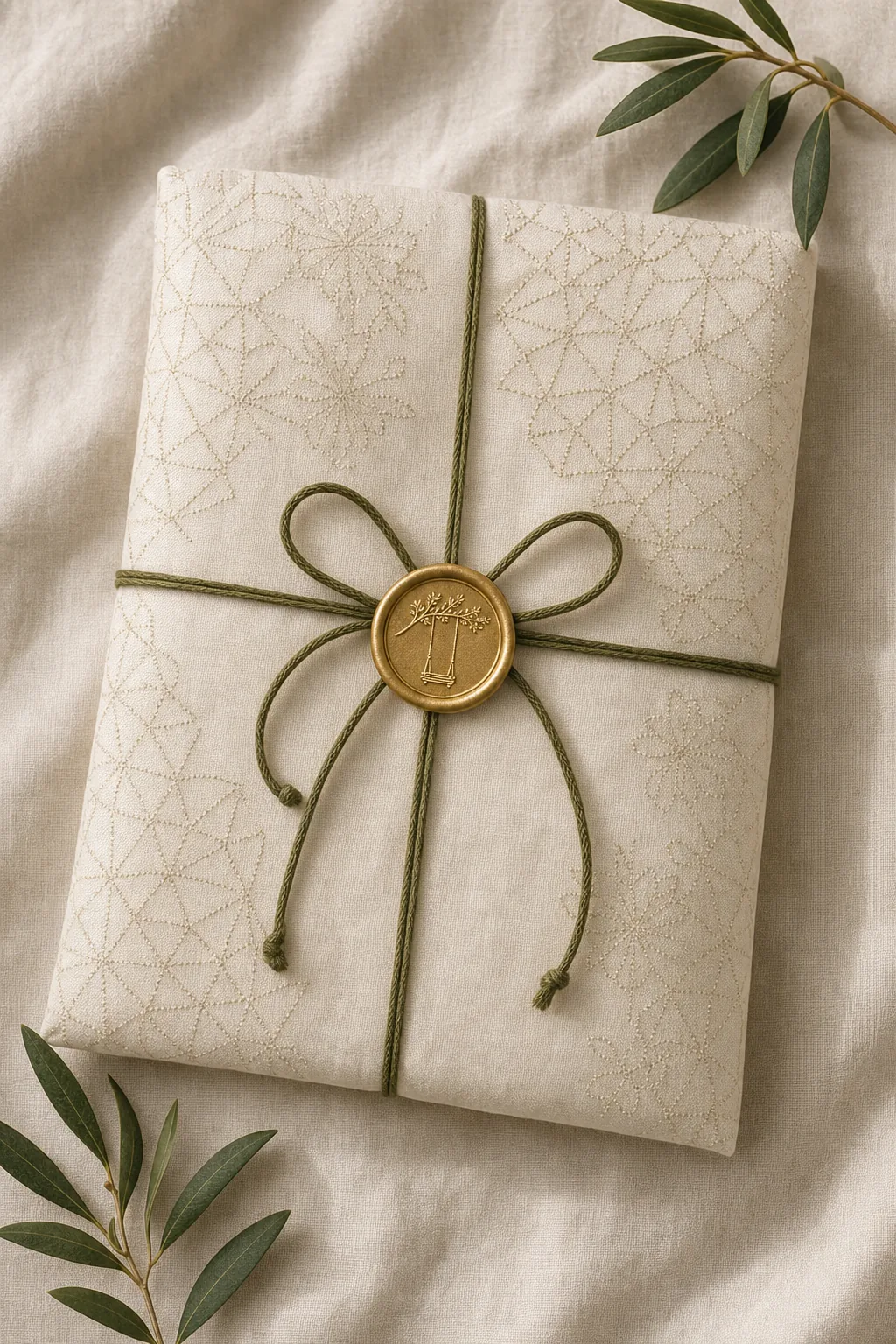 Muslin-wrapped suit tied with an olive dori and gold wax seal