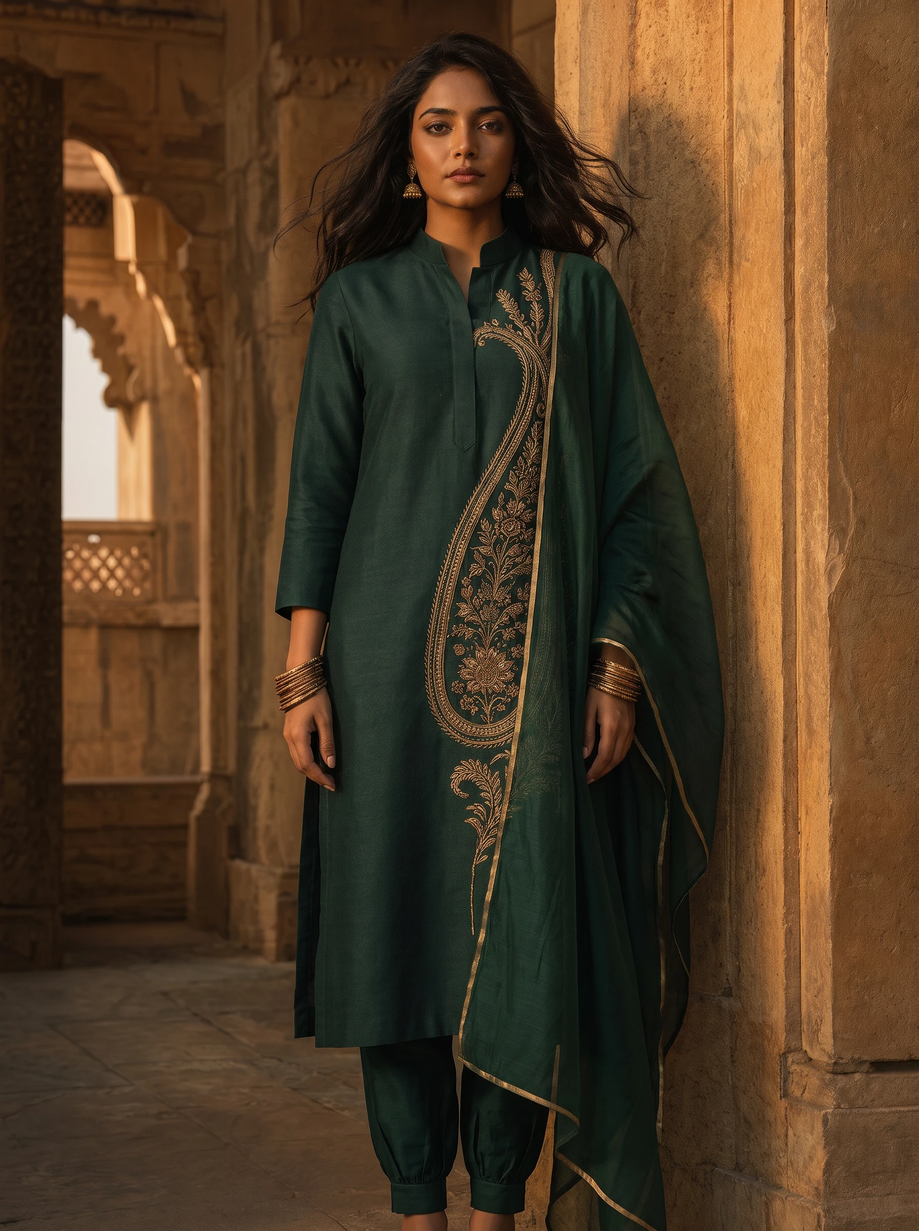 Ambi — deep pine green silk kurta with one oversized hand-embroidered paisley in antique gold