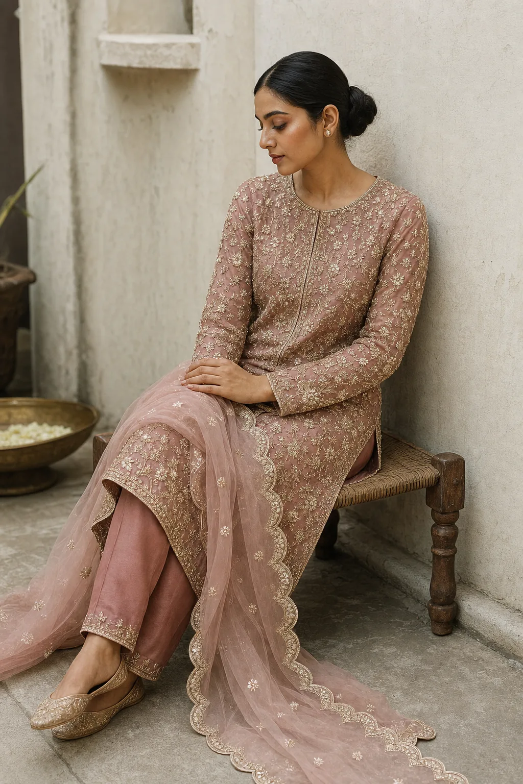 Gulabi Dhup — dusty rose straight suit with dabka and moti pearl jaal