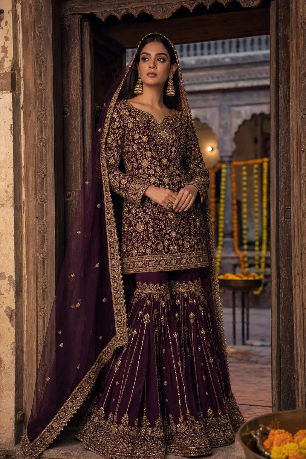 Jamun — deep plum gharara with zardozi and gota patti in antique gold
