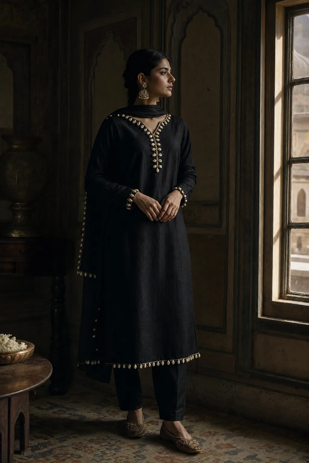 Kaudi — kohl-black raw silk suit edged with cowrie shells held in antique gold dabka