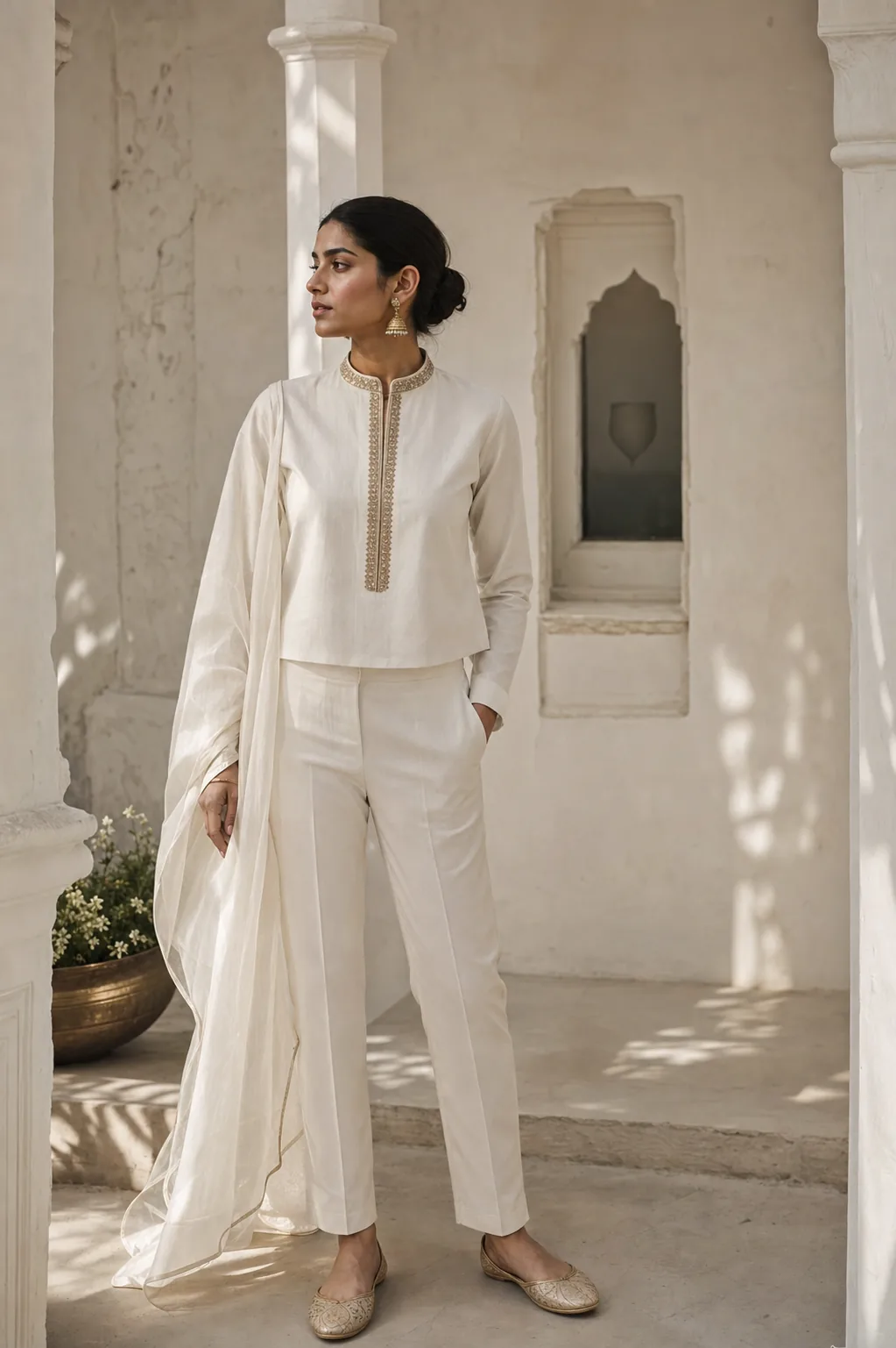 Kora — chalk-white modern co-ord with a fine marori along the collar band and front placket