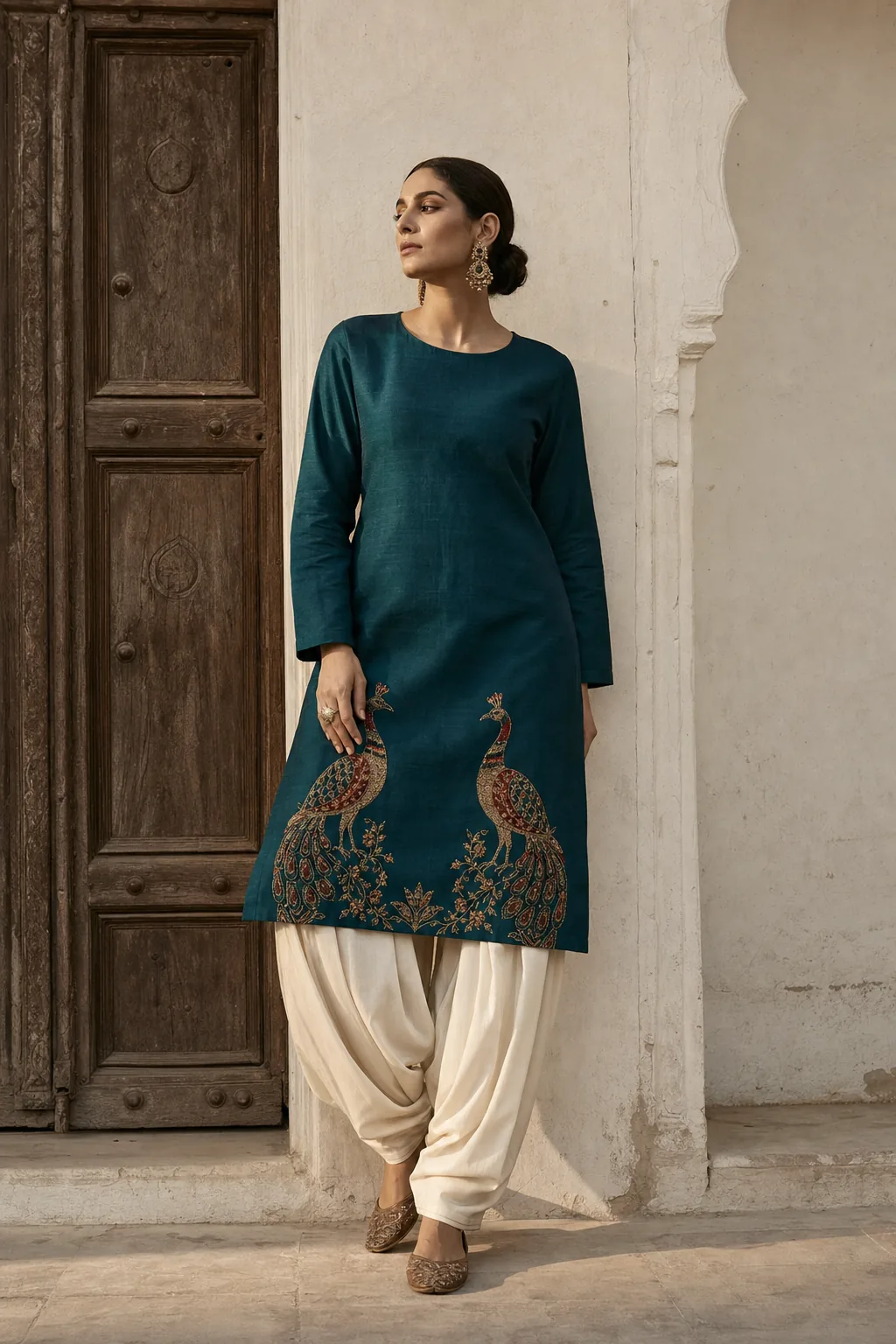 Morni — deep teal silk kurta with two hand-embroidered morni peahen motifs at the hem