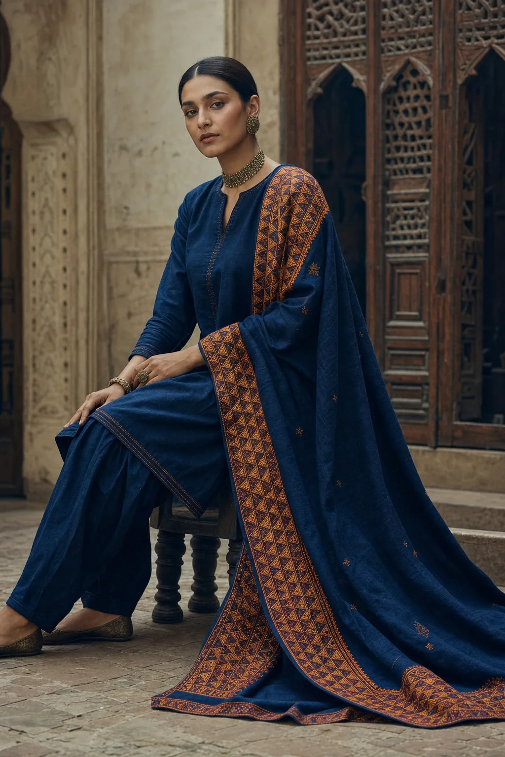 Neel — indigo hand-dyed khaddar suit with chope phulkari borders in marigold silk floss