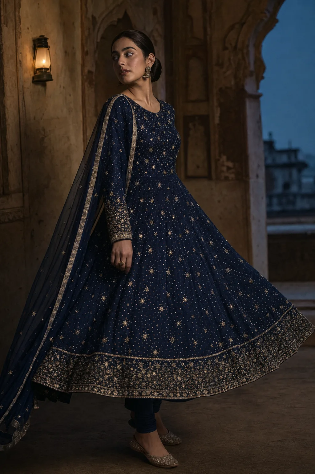Nili Raat — midnight ink blue anarkali with mukaish star-field handwork