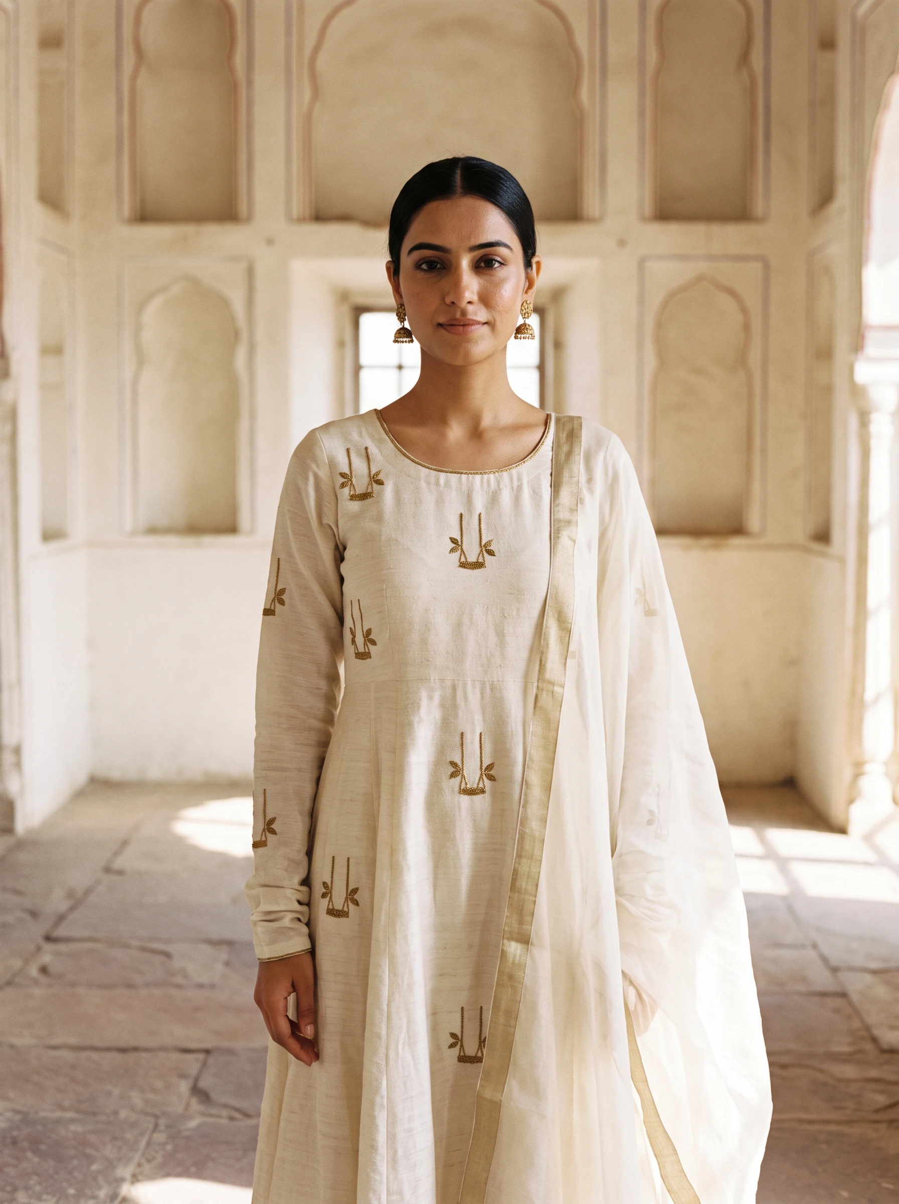 Peengh — bone chanderi suit with small hand-embroidered swing motifs in antique gold tilla